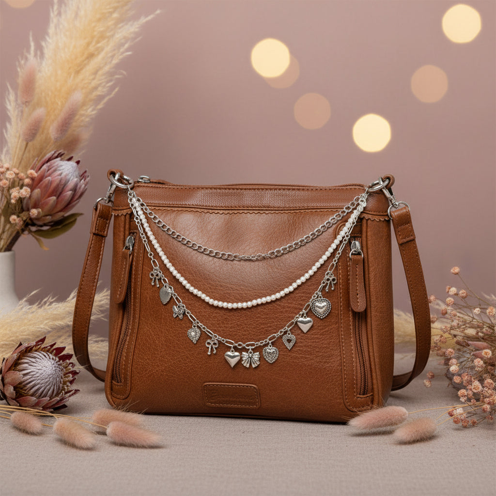 Front view of brown distressed Bandana leather shoulder bag on cowhide rug with three-strand silver Western boho purse chain featuring faux seed pearl bead strand, silver curb chain, and silver oval link charm chain with nine silver charms including bows, butterflies, ornate hearts, and crystal hearts, Western boho handbag accessory