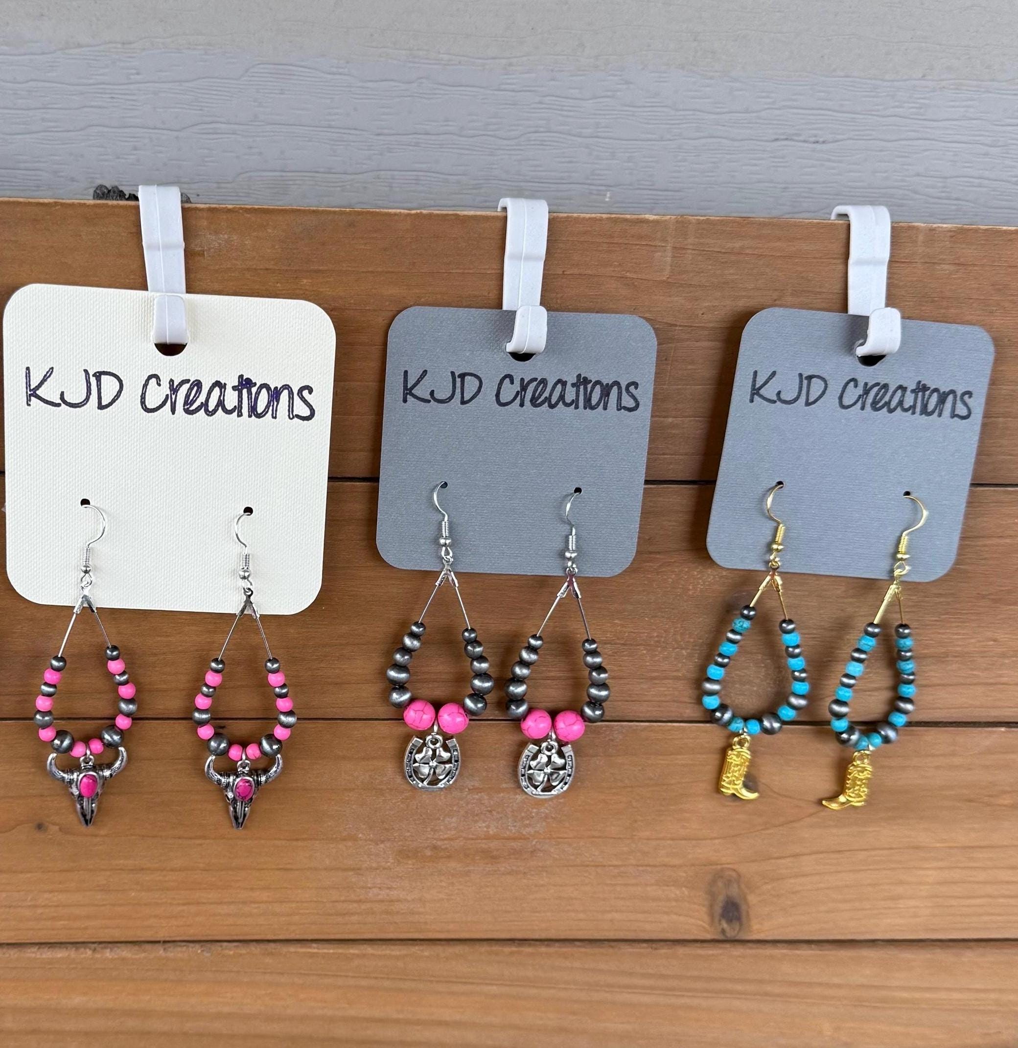 Western Boho Beaded Dangle Earrings with Cowboy Charms – Faux Navajo Pearl, Turquoise & Pink