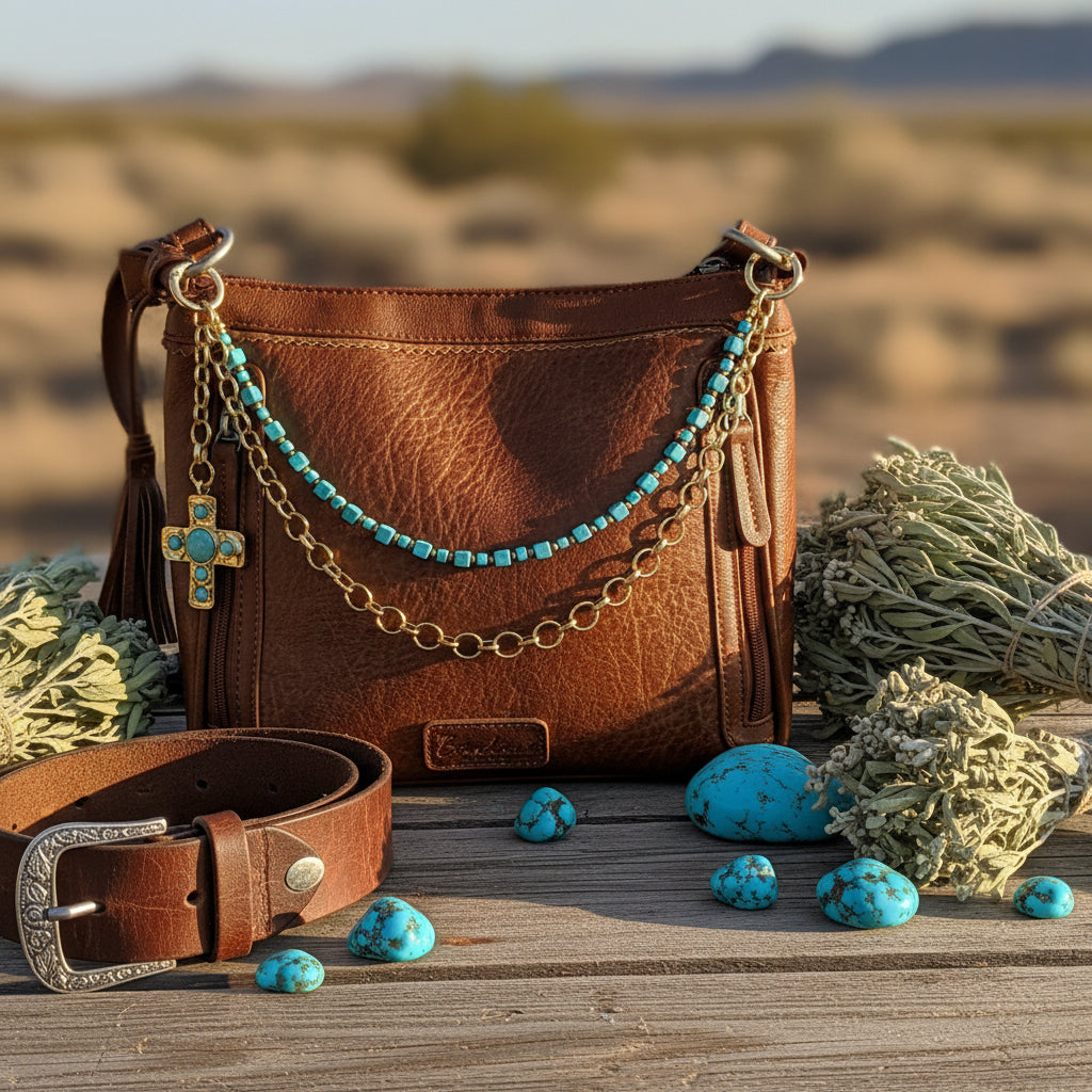 Front view of brown distressed Bandana leather crossbody bag with two-strand Western boho purse chain featuring turquoise square cube bead strand with gold rondelle spacers above and bold gold round link chain below, with large ornate gold cross pendant with turquoise cabochon stones hanging from left side hardware, Western boho handbag accessory