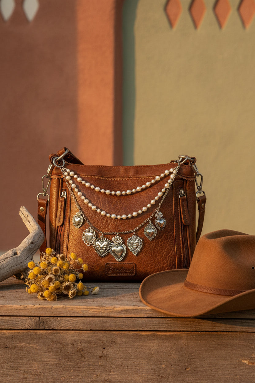 Front view of brown distressed Bandana leather crossbody bag with four-strand Western boho purse chain featuring small and larger faux pearl bead strands, delicate silver cable chain, and silver curb chain with seven large ornate silver sacred heart charms including large flaming sacred heart with sunburst rays at center, flaming sacred heart with wings, and filigree-bordered sacred heart with flower detail
