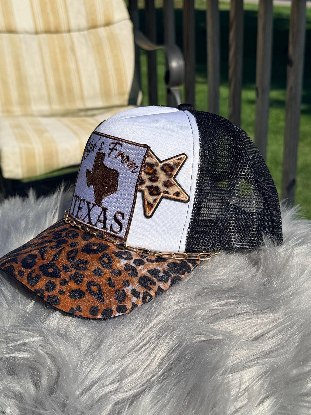 Black Texas Western Trucker Hat | Cheetah Print Bill | She's From Texas, Choosin Texas, Black Rose & Animal Print Star Patches | Gold Hat Chain