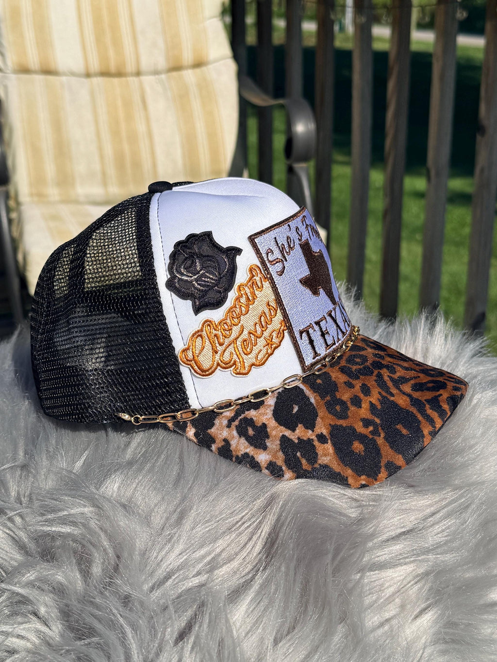Black Texas Western Trucker Hat | Cheetah Print Bill | She's From Texas, Choosin Texas, Black Rose & Animal Print Star Patches | Gold Hat Chain