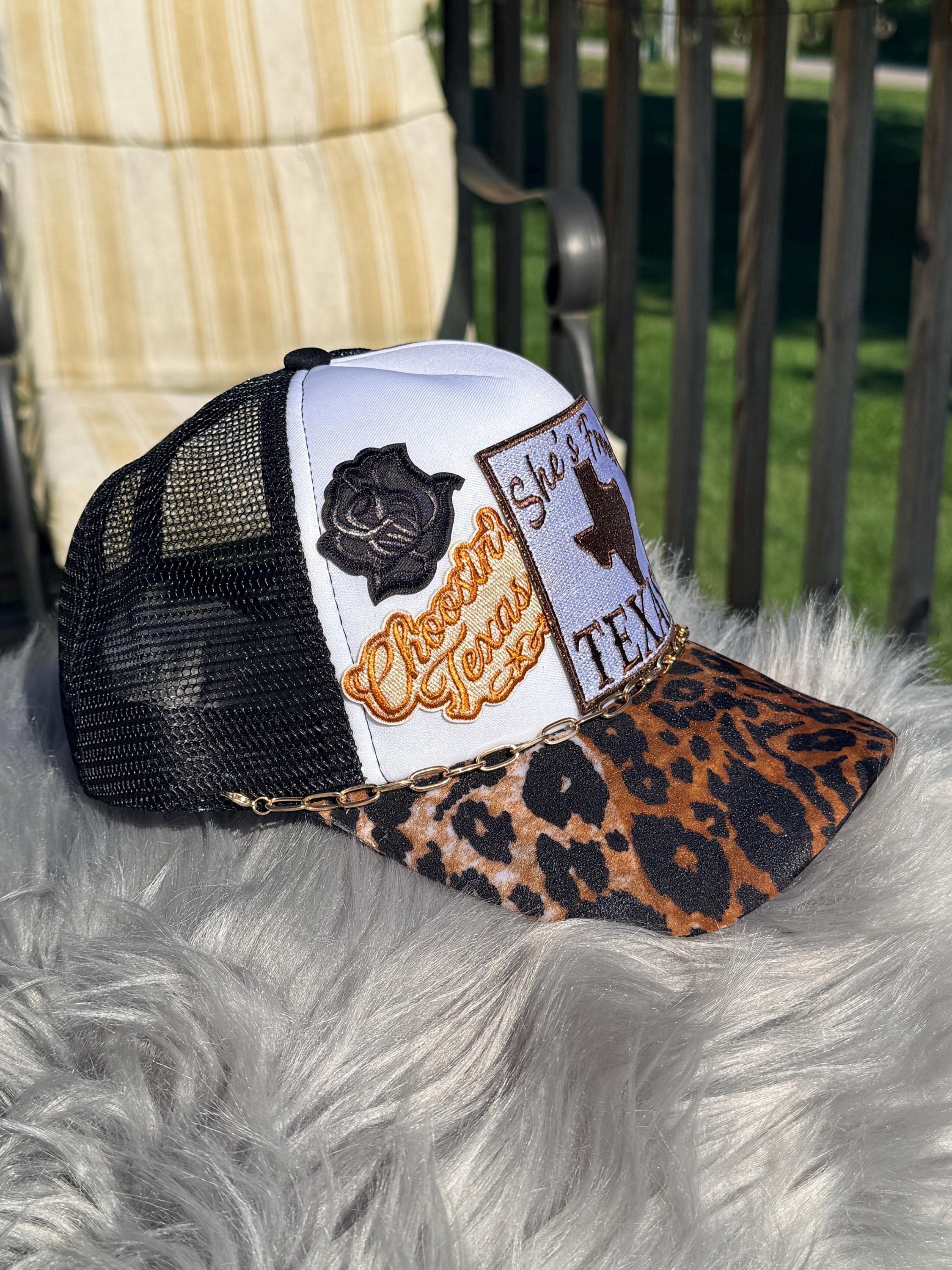 Black Texas Western Trucker Hat | Cheetah Print Bill | She's From Texas, Choosin Texas, Black Rose & Animal Print Star Patches | Gold Hat Chain