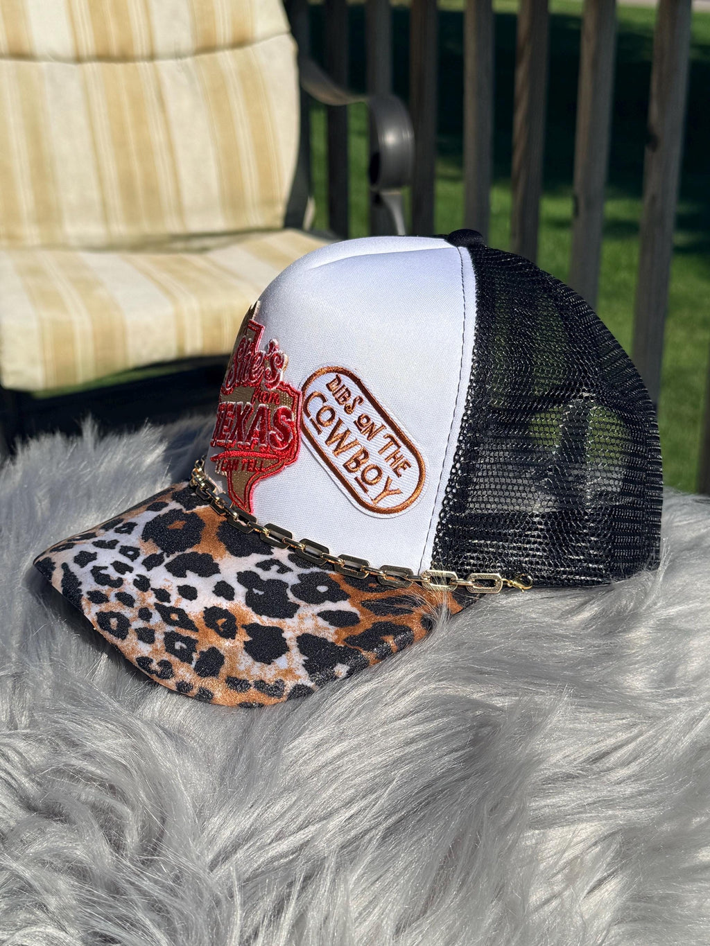 Black Texas Western Trucker Hat | Cheetah Print Bill | Choosin Texas, Texas Pride & Dibs on the Cowboy Patches | Gold Hat Chain