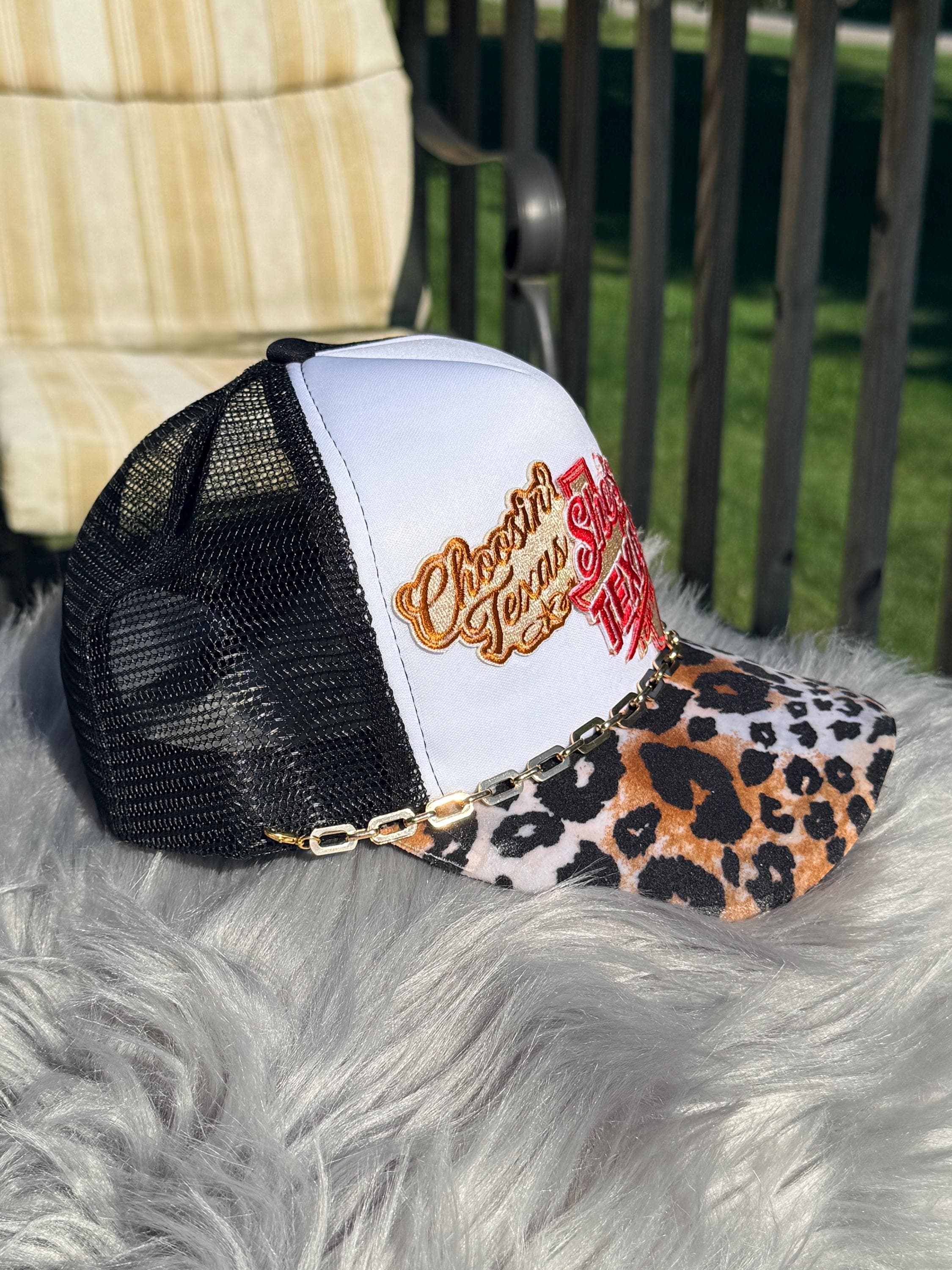 Black Texas Western Trucker Hat | Cheetah Print Bill | Choosin Texas, Texas Pride & Dibs on the Cowboy Patches | Gold Hat Chain