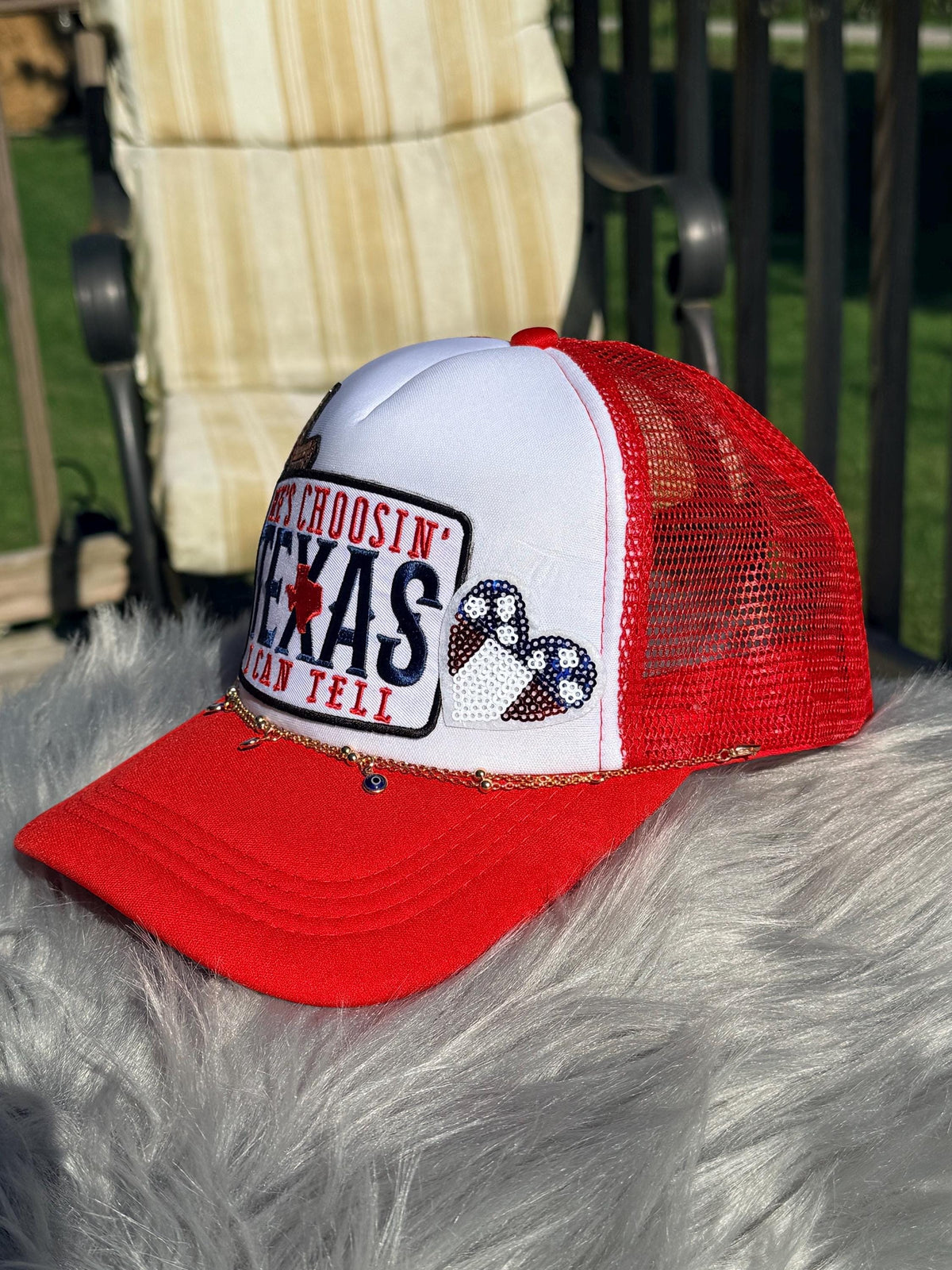 Red Texas Western Trucker Hat | Sequin Star & Heart Patch | Texas Cowgirl Hat