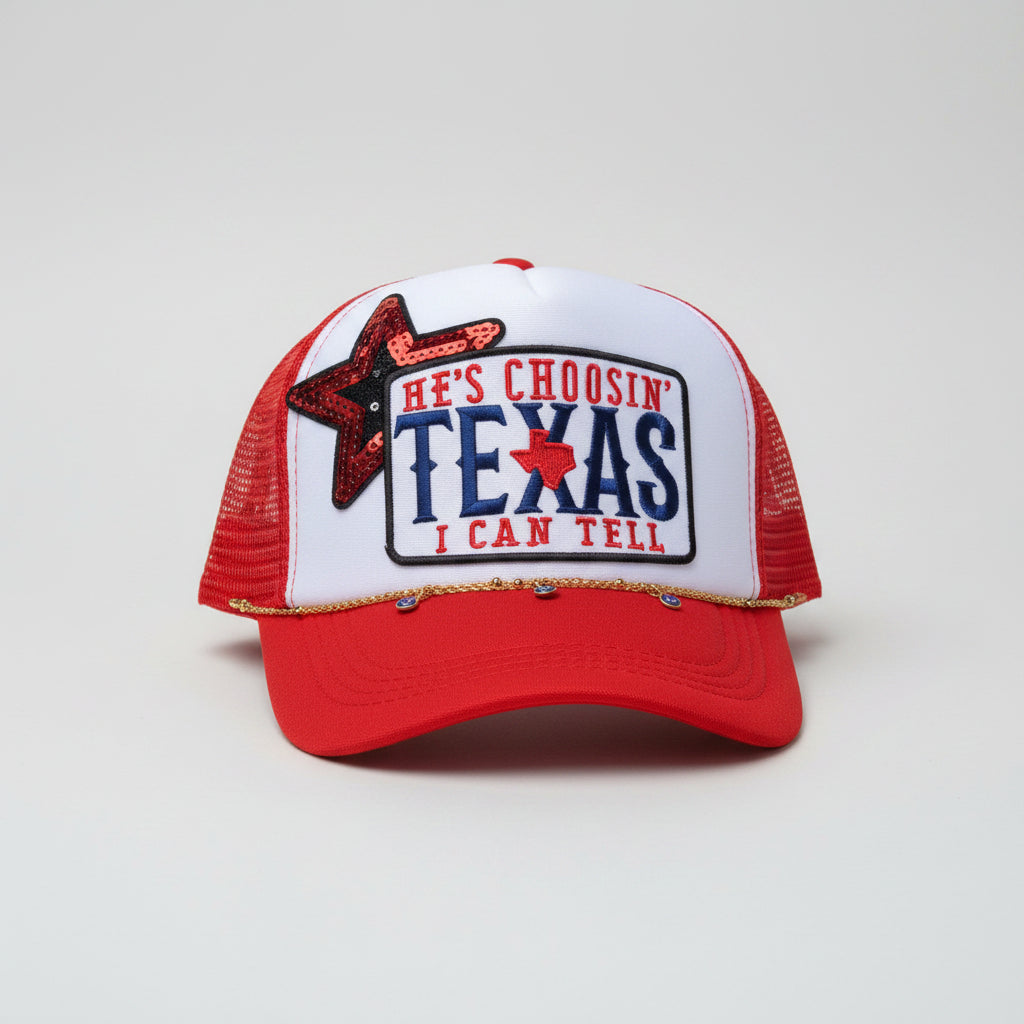 Red Texas Western Trucker Hat | Sequin Star & Heart Patch | Texas Cowgirl Hat