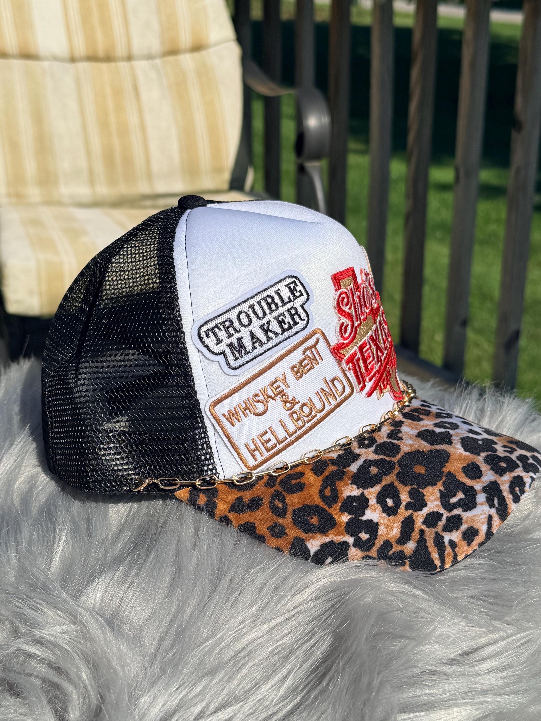 Black Texas Western Trucker Hat | Cheetah Print Bill | Texas Pride, Troublemaker & Western Attitude Patches | Gold Hat Chain