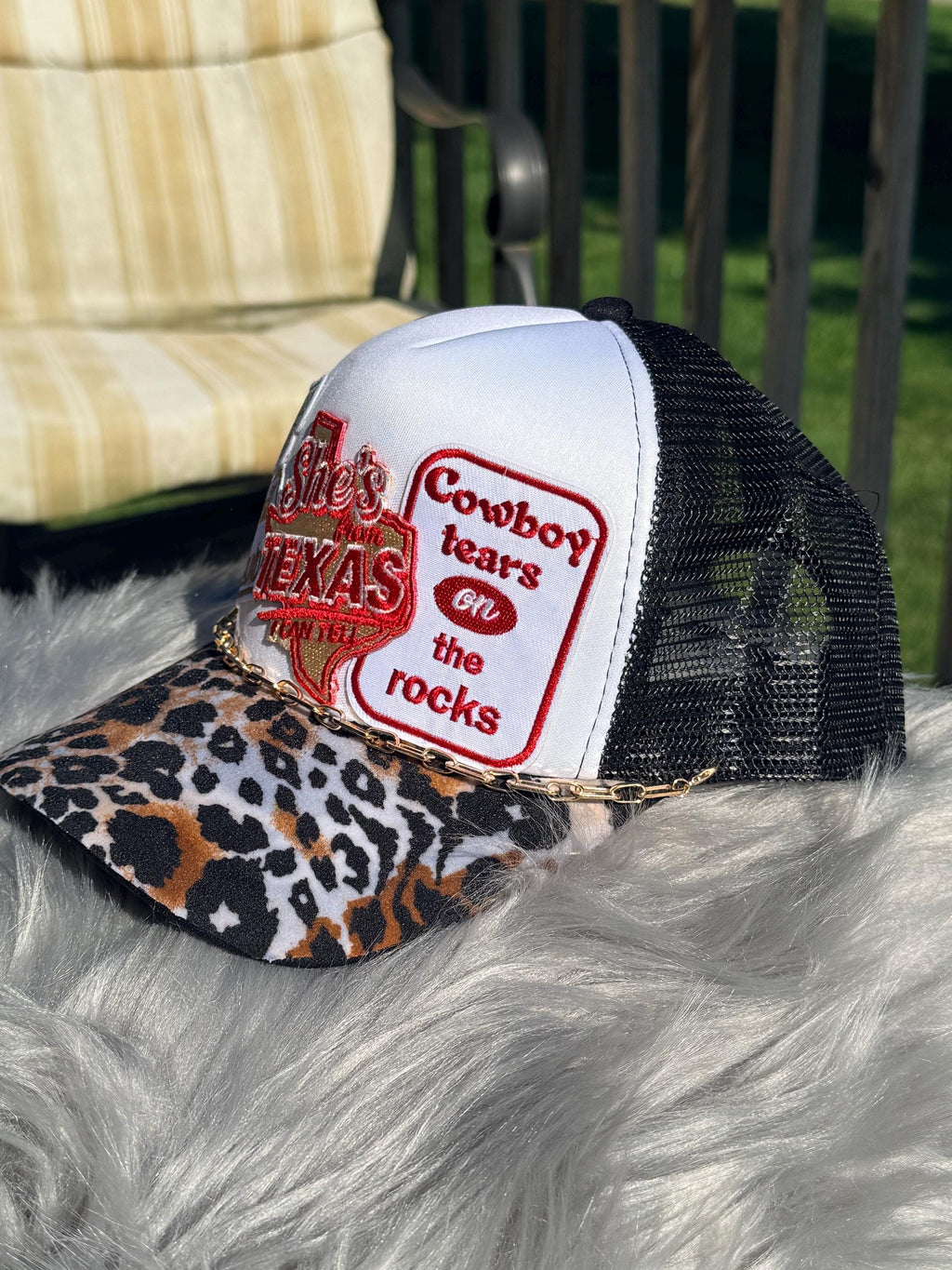 Black Texas Western Trucker Hat | Cheetah Print Bill | Texas Pride, Troublemaker & Western Attitude Patches | Gold Hat Chain